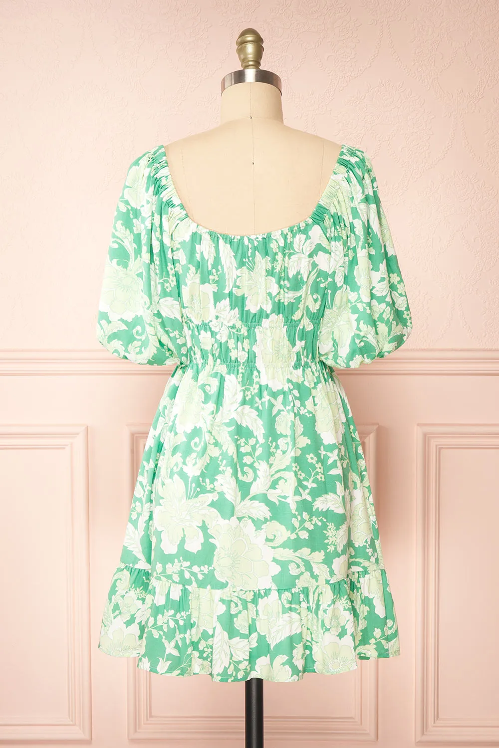 Esadora | Short Green Floral Dress w/ Bows