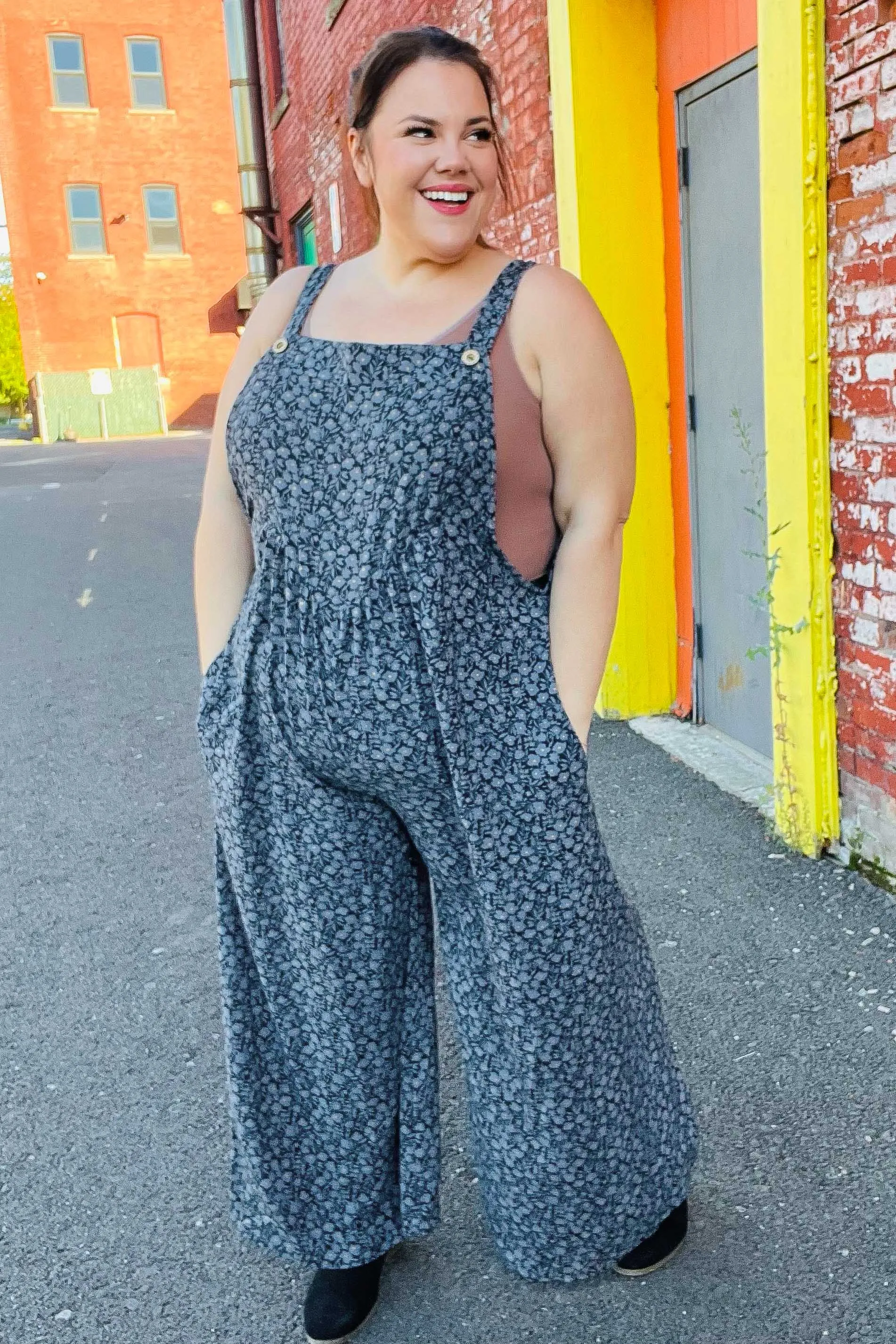 Feeling Femme' Charcoal Floral Print Baggy Overall Jumpsuit