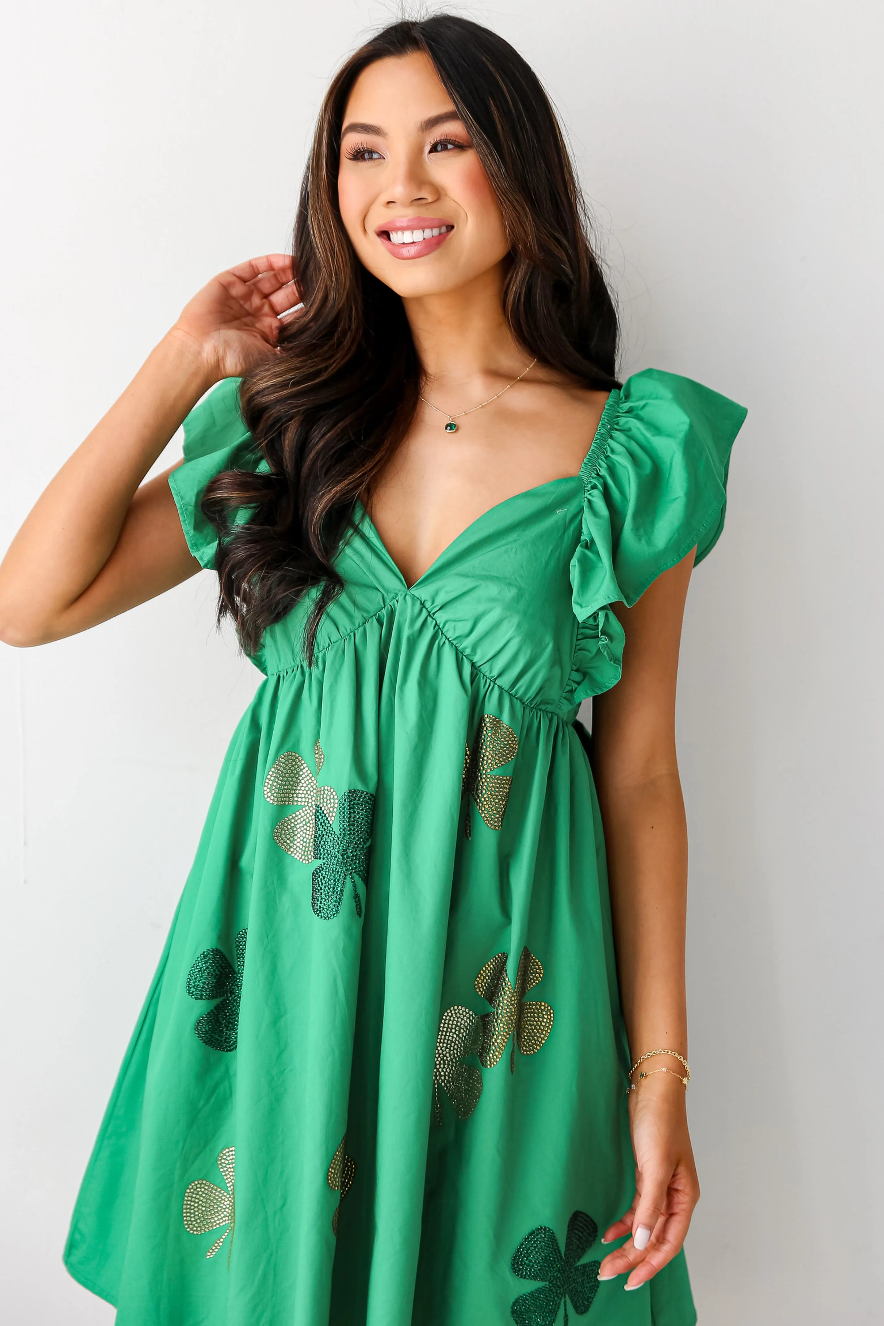 Feeling Lucky Green Rhinestone Four Leaf Clover Mini Dress