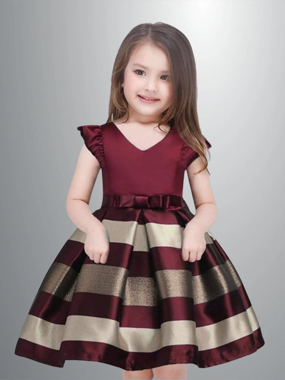 Festive Flutter Sleeve Burgundy Striped Party Dress