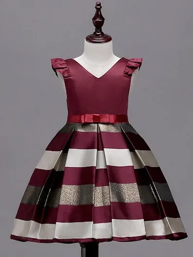 Festive Flutter Sleeve Burgundy Striped Party Dress