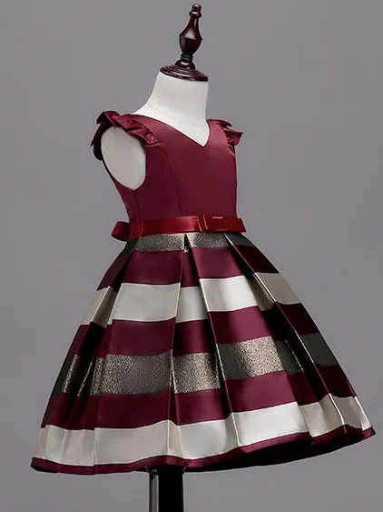 Festive Flutter Sleeve Burgundy Striped Party Dress