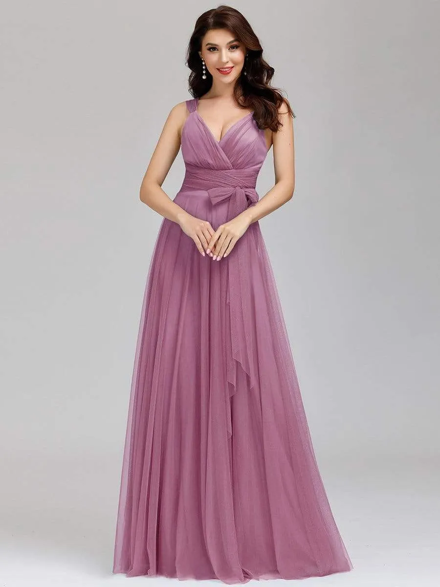 Floor Length Double V Neck Tulle Bridesmaid Dresses