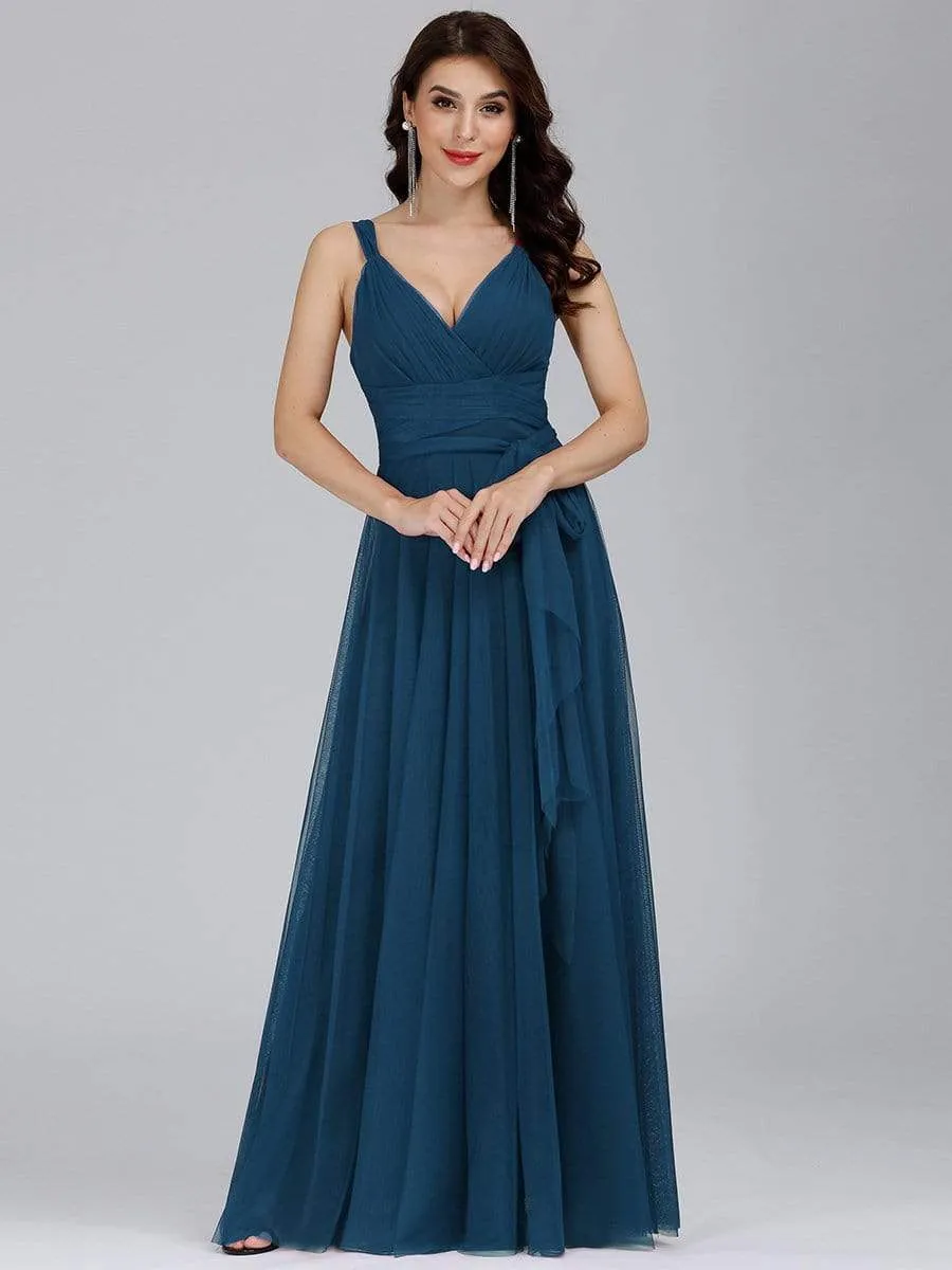 Floor Length Double V Neck Tulle Bridesmaid Dresses