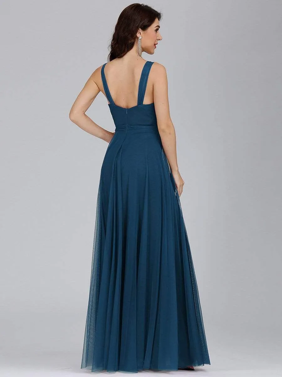 Floor Length Double V Neck Tulle Bridesmaid Dresses