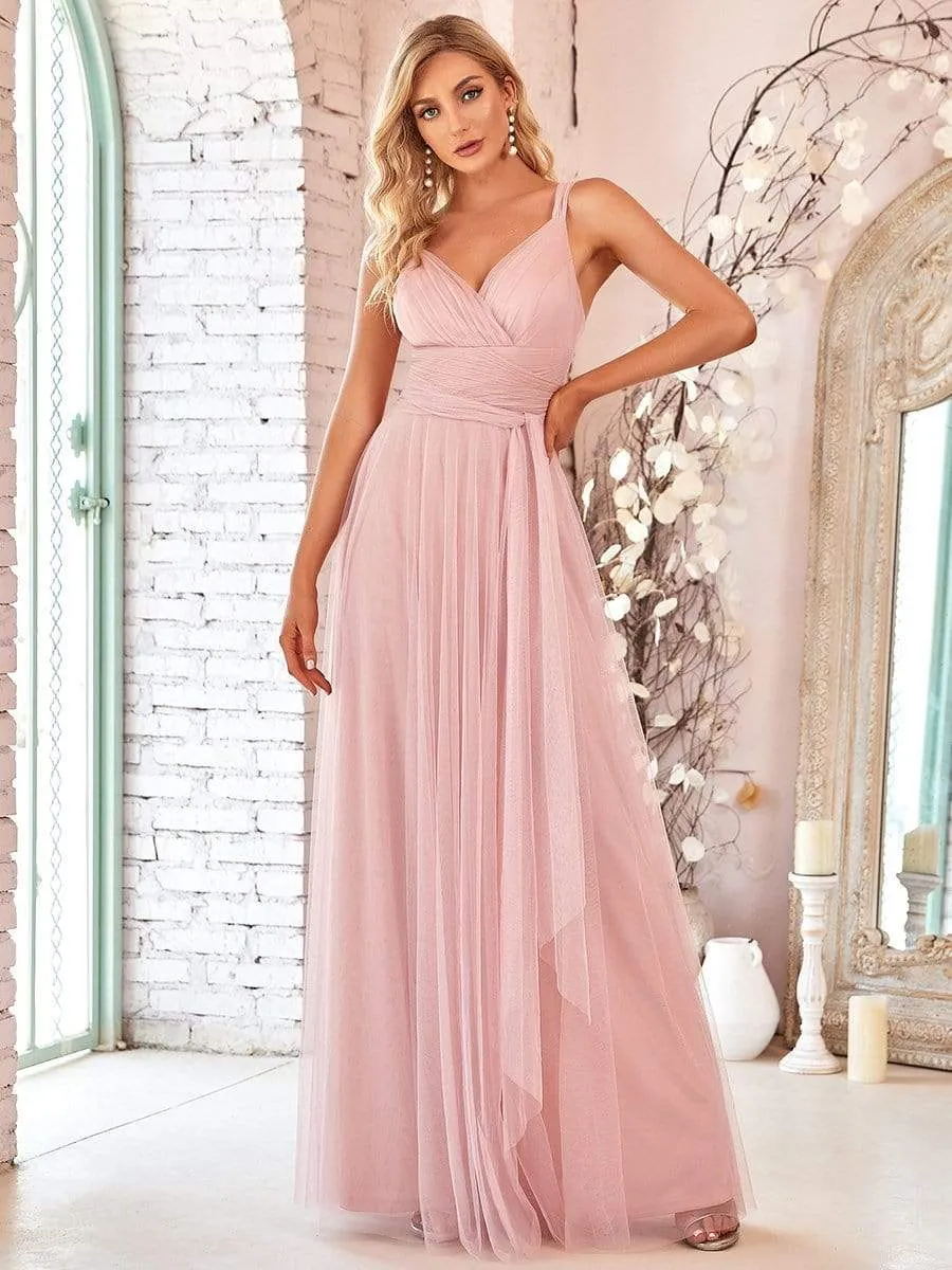 Floor Length Double V Neck Tulle Bridesmaid Dresses