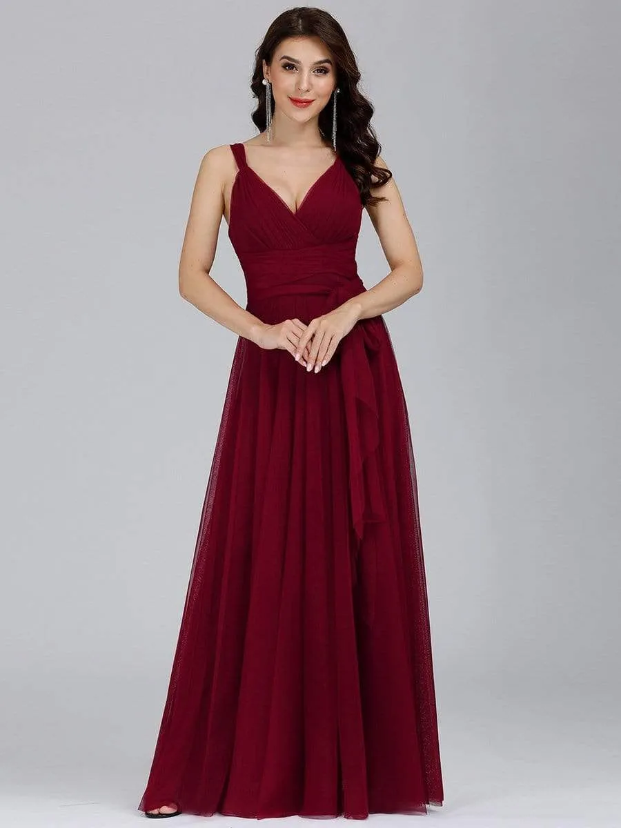 Floor Length Double V Neck Tulle Bridesmaid Dresses