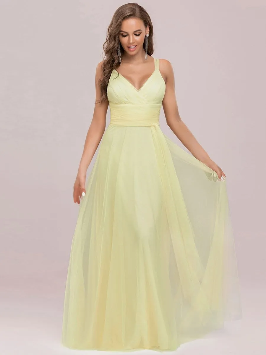 Floor Length Double V Neck Tulle Bridesmaid Dresses