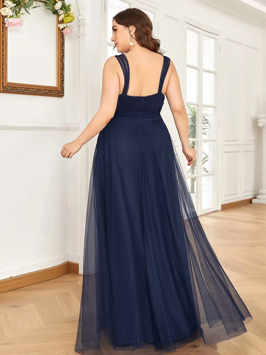 Floor Length Double V Neck Tulle Bridesmaid Dresses