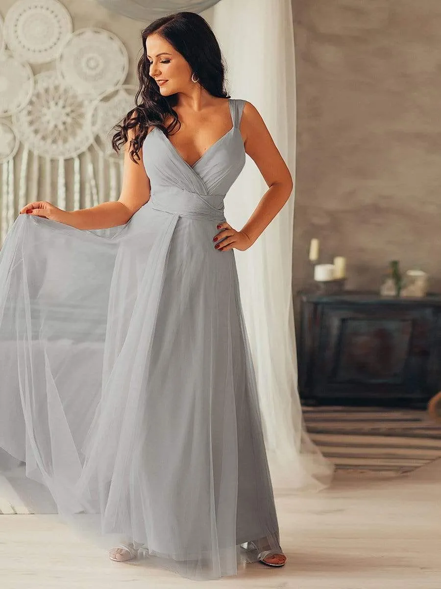 Floor Length Double V Neck Tulle Bridesmaid Dresses