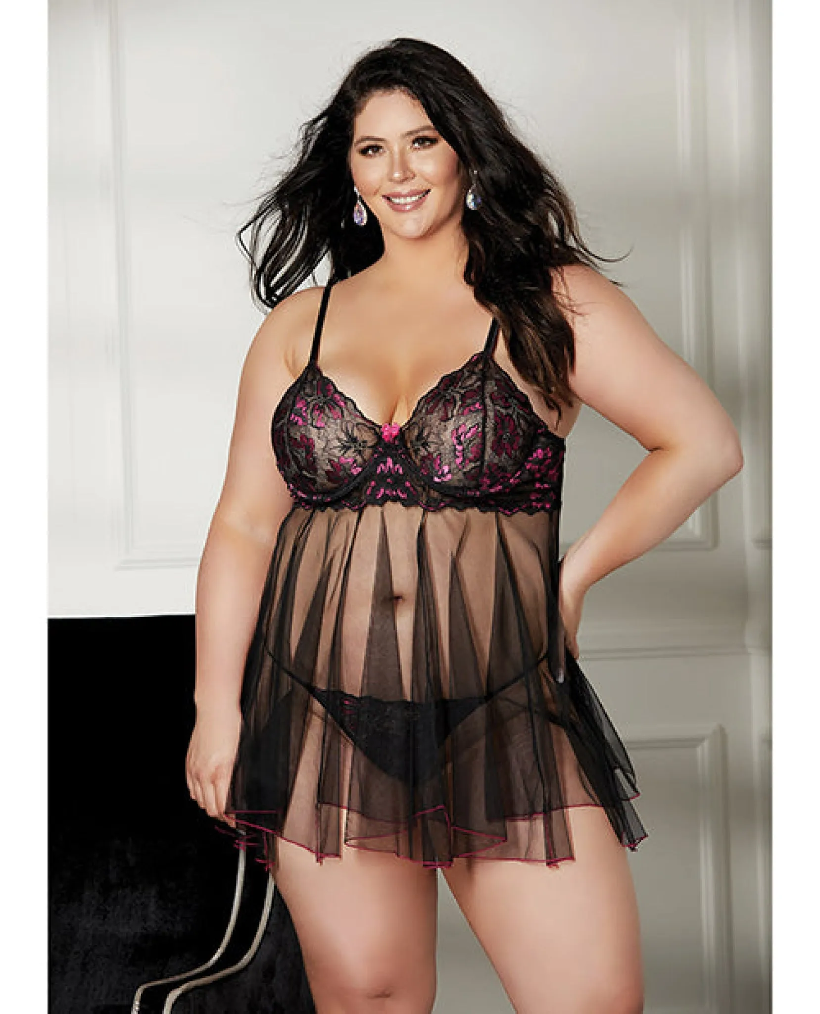 Floral & Sheer Pleated Babydoll Black/rose