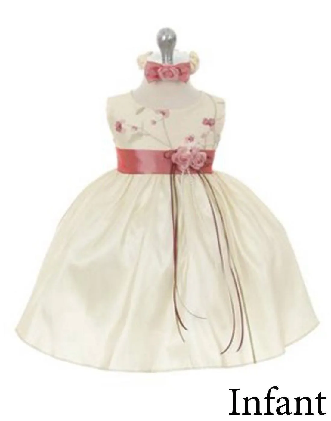 Floral Patterned Bodice and Satin Skirt Dress - Ivory