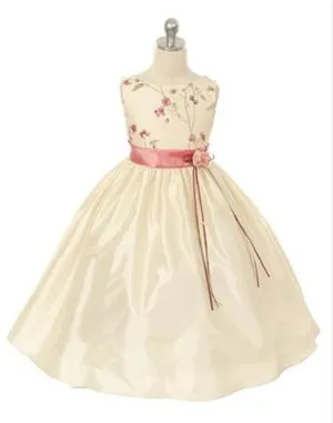 Floral Patterned Bodice and Satin Skirt Dress - Ivory