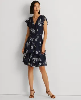 Floral Ruffle-Trim Georgette Dress In Navy/Cream Multi