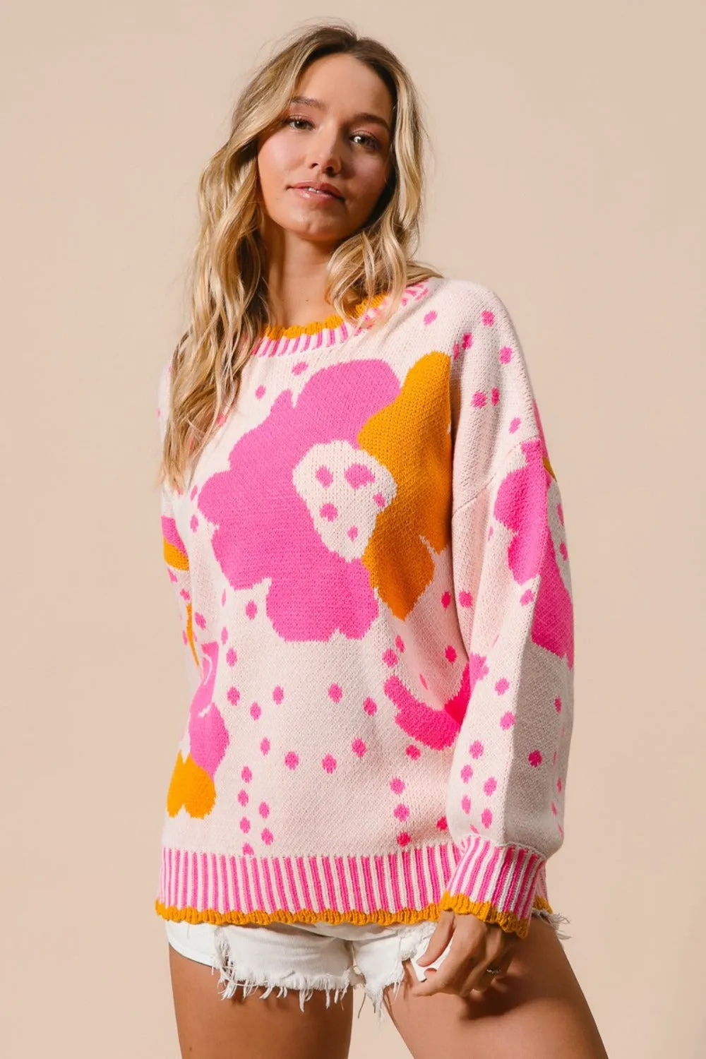 Flower Pattern Contrast Sweater