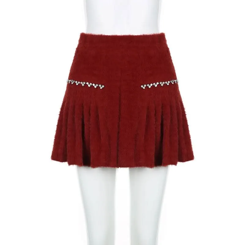 Fluffy beaded pleated mini skirt