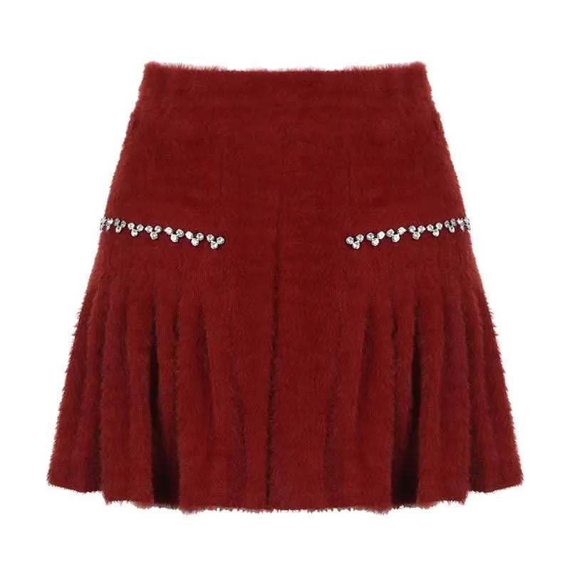 Fluffy beaded pleated mini skirt