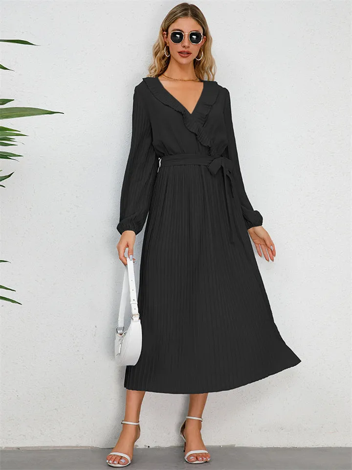 Flytonn-Graduation Gift Back to School Season Summer Vacation Dress Spring Outfit Fall and Winter New Ruffled V-neck Long-sleeved Pleated Long Dress Slim Temperament Dresses for Women