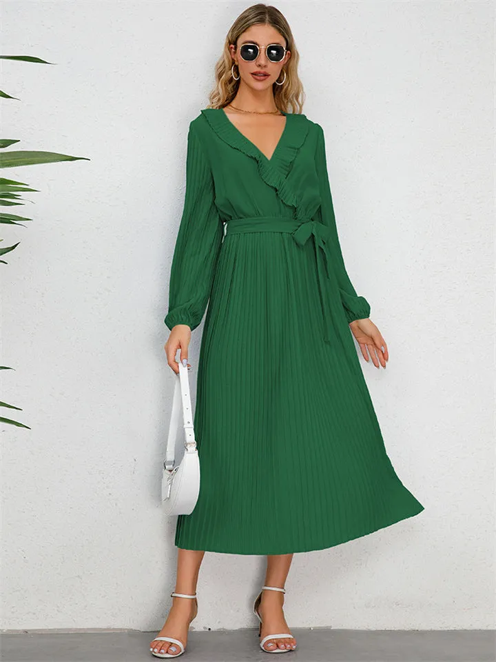 Flytonn-Graduation Gift Back to School Season Summer Vacation Dress Spring Outfit Fall and Winter New Ruffled V-neck Long-sleeved Pleated Long Dress Slim Temperament Dresses for Women