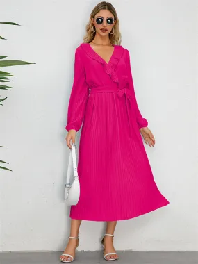 Flytonn-Graduation Gift Back to School Season Summer Vacation Dress Spring Outfit Fall and Winter New Ruffled V-neck Long-sleeved Pleated Long Dress Slim Temperament Dresses for Women