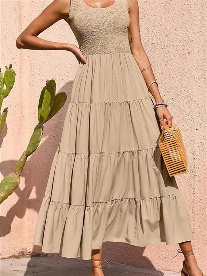 Flytonn-Graduation Gift Back to School Season Summer Vacation Dress Spring Outfit Summer Solid Color Women's Burst U-neck Pullover Tank Dress Pleated Splicing Sleeveless Large Hem A-line Dress Dress