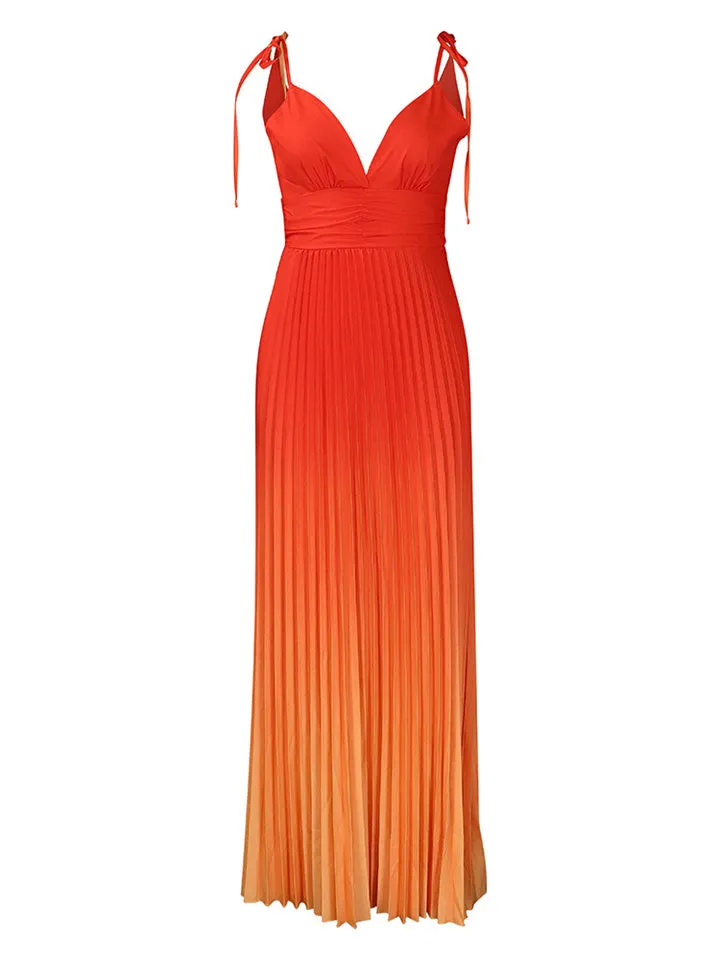 Flytonn-Graduation Gift Back to School Season Summer Vacation Dress Spring Outfit V Neck Halter Sleeveless Backless Sexy Strappy Zipper Gradient Color High Waist Pleated Ruched Maxi Dresses Dresses