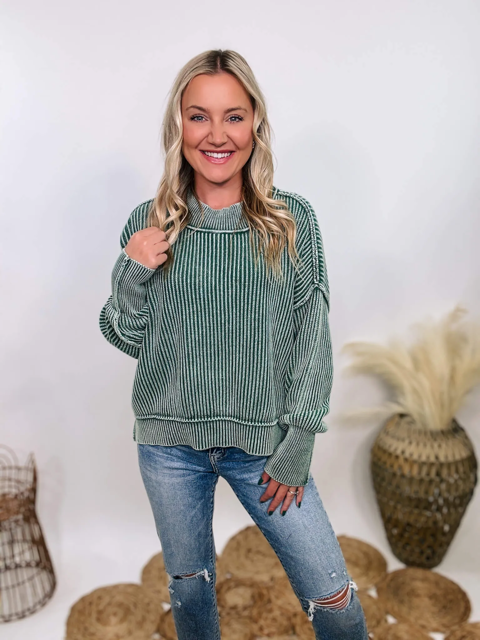 Forest Green Acid Washed Ribbed Side Slit Sweater