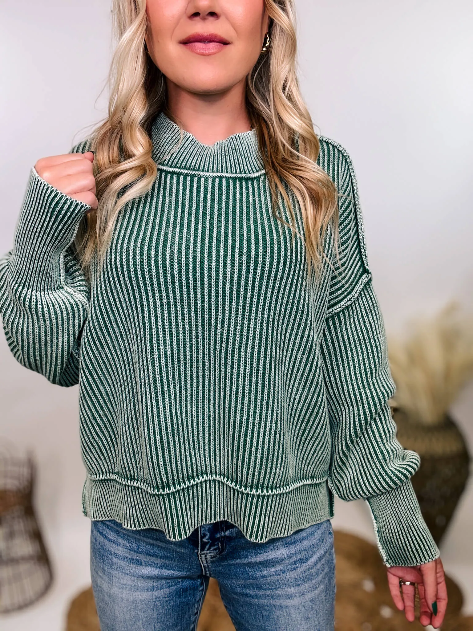 Forest Green Acid Washed Ribbed Side Slit Sweater