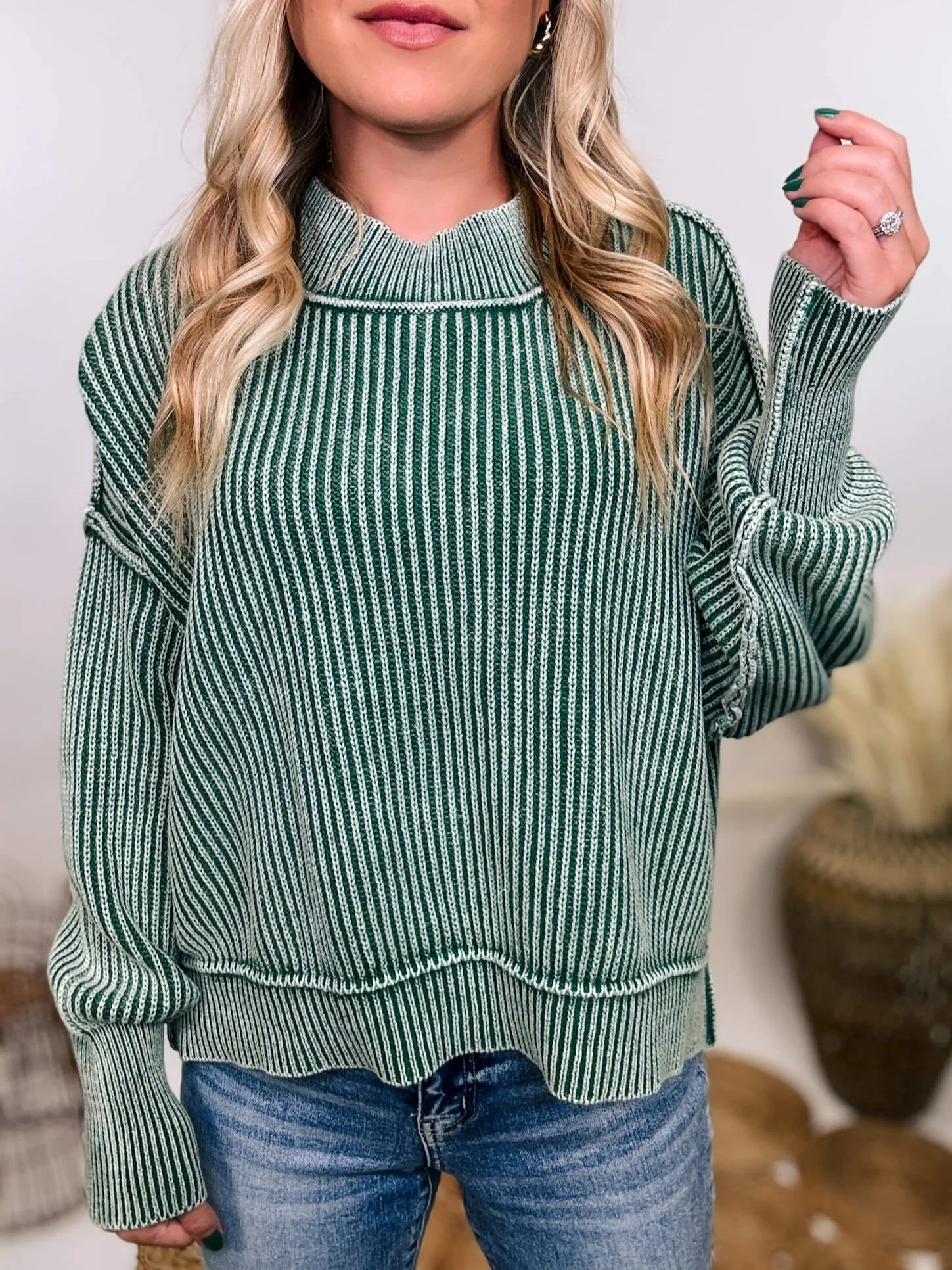 Forest Green Acid Washed Ribbed Side Slit Sweater