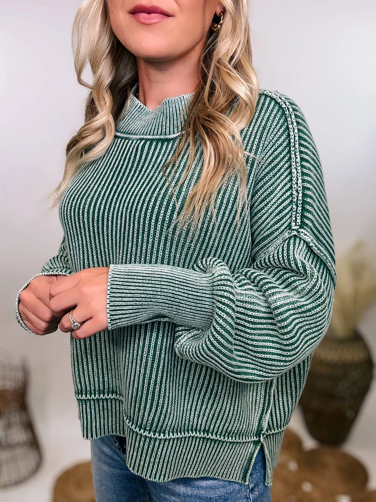 Forest Green Acid Washed Ribbed Side Slit Sweater