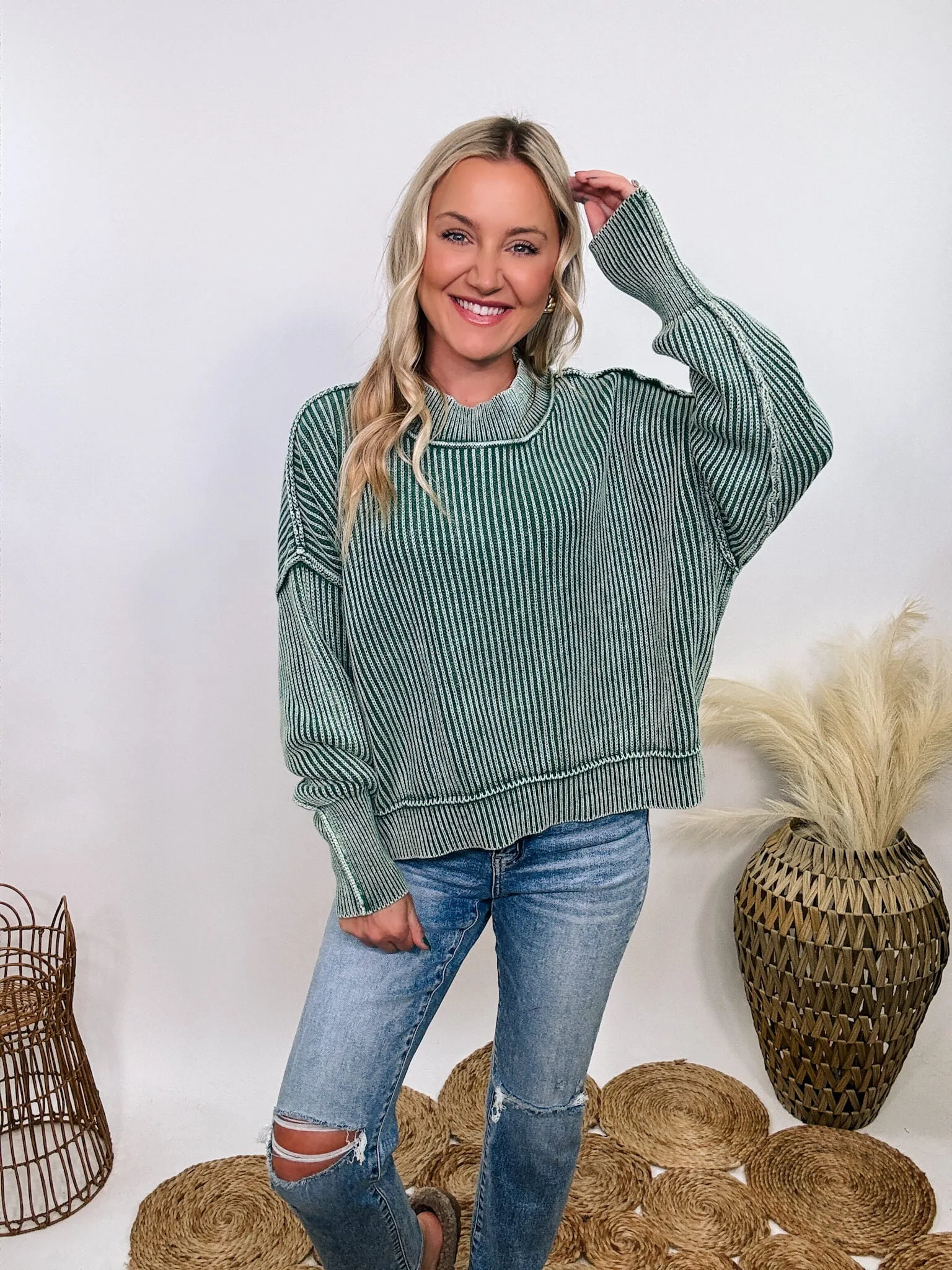 Forest Green Acid Washed Ribbed Side Slit Sweater