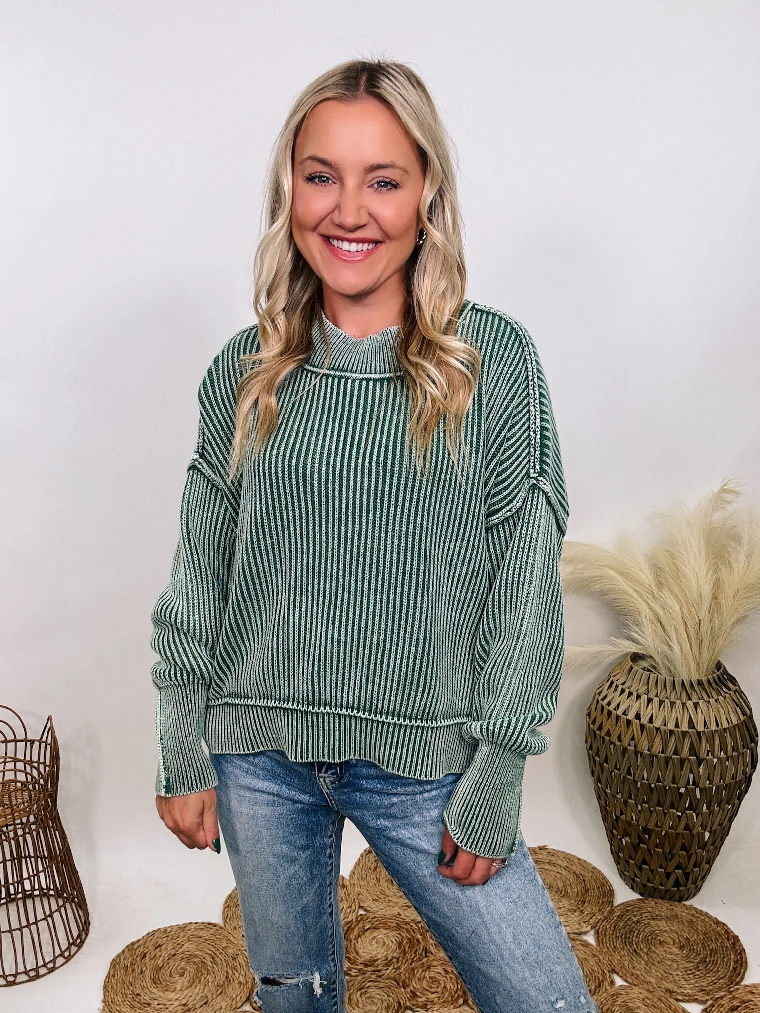 Forest Green Acid Washed Ribbed Side Slit Sweater