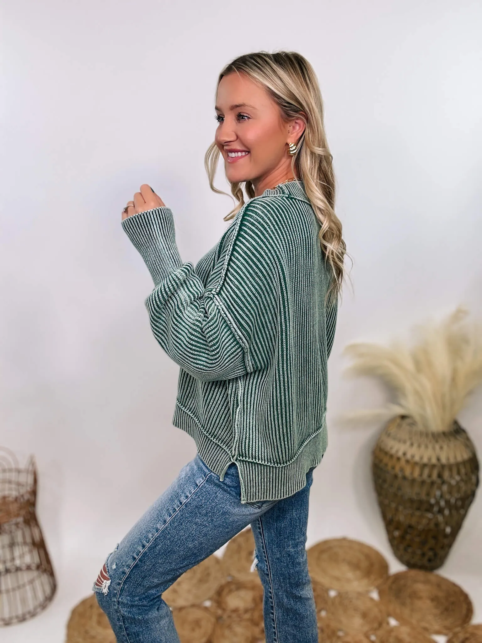 Forest Green Acid Washed Ribbed Side Slit Sweater