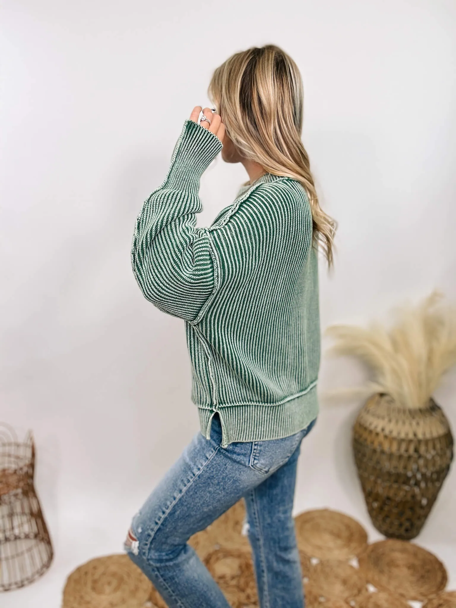 Forest Green Acid Washed Ribbed Side Slit Sweater