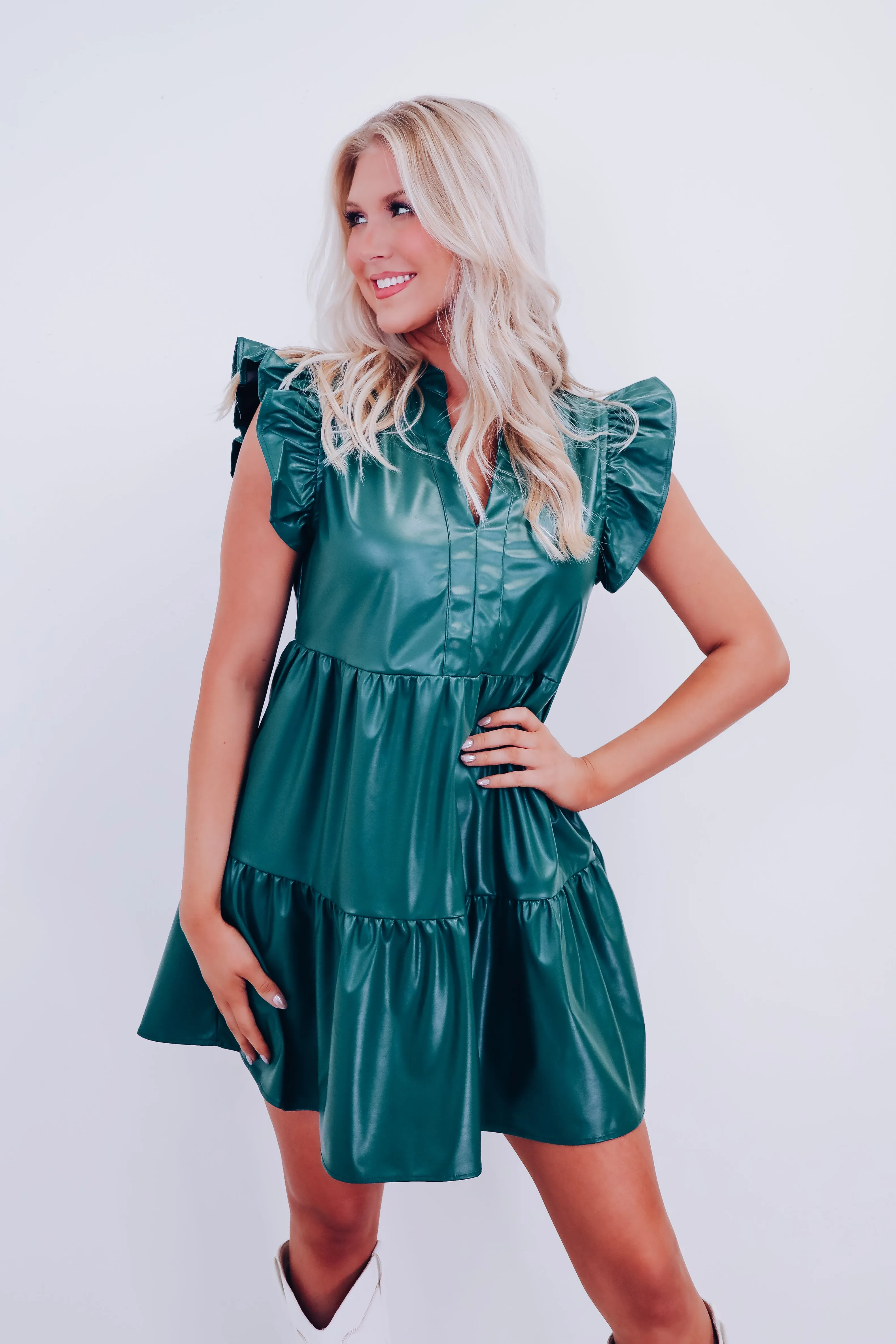 Frisco Faux Leather Babydoll Dress - Green