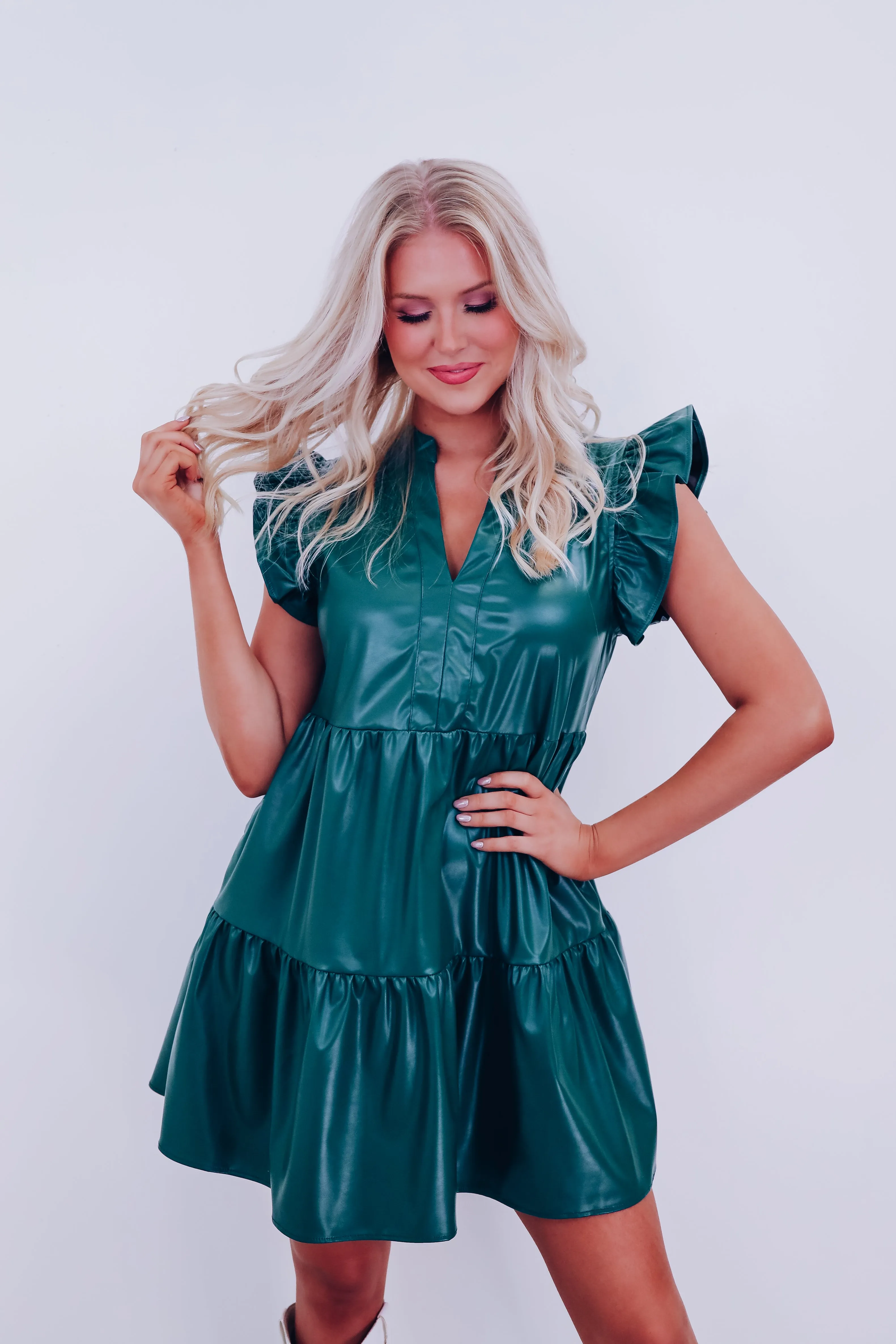 Frisco Faux Leather Babydoll Dress - Green