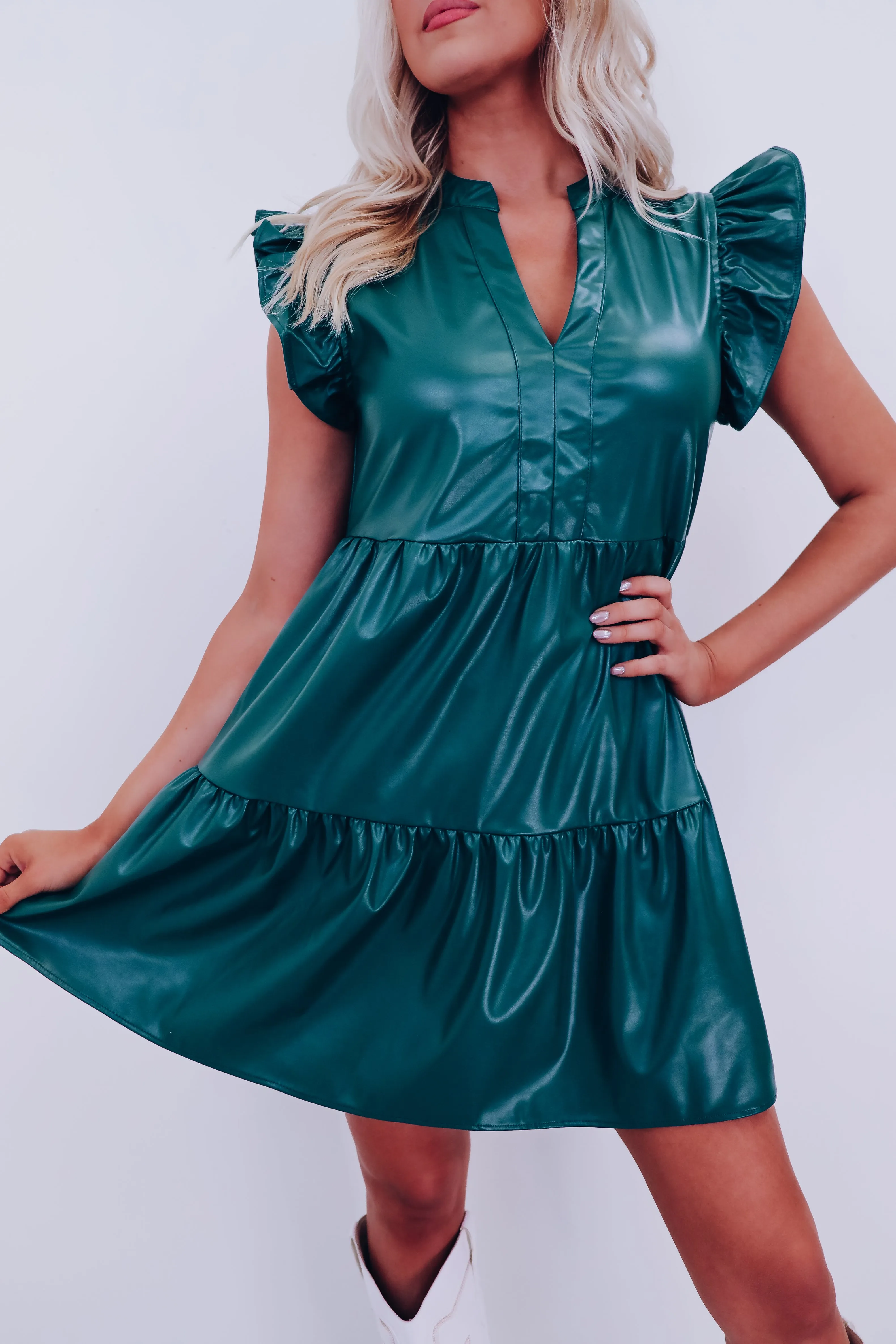 Frisco Faux Leather Babydoll Dress - Green