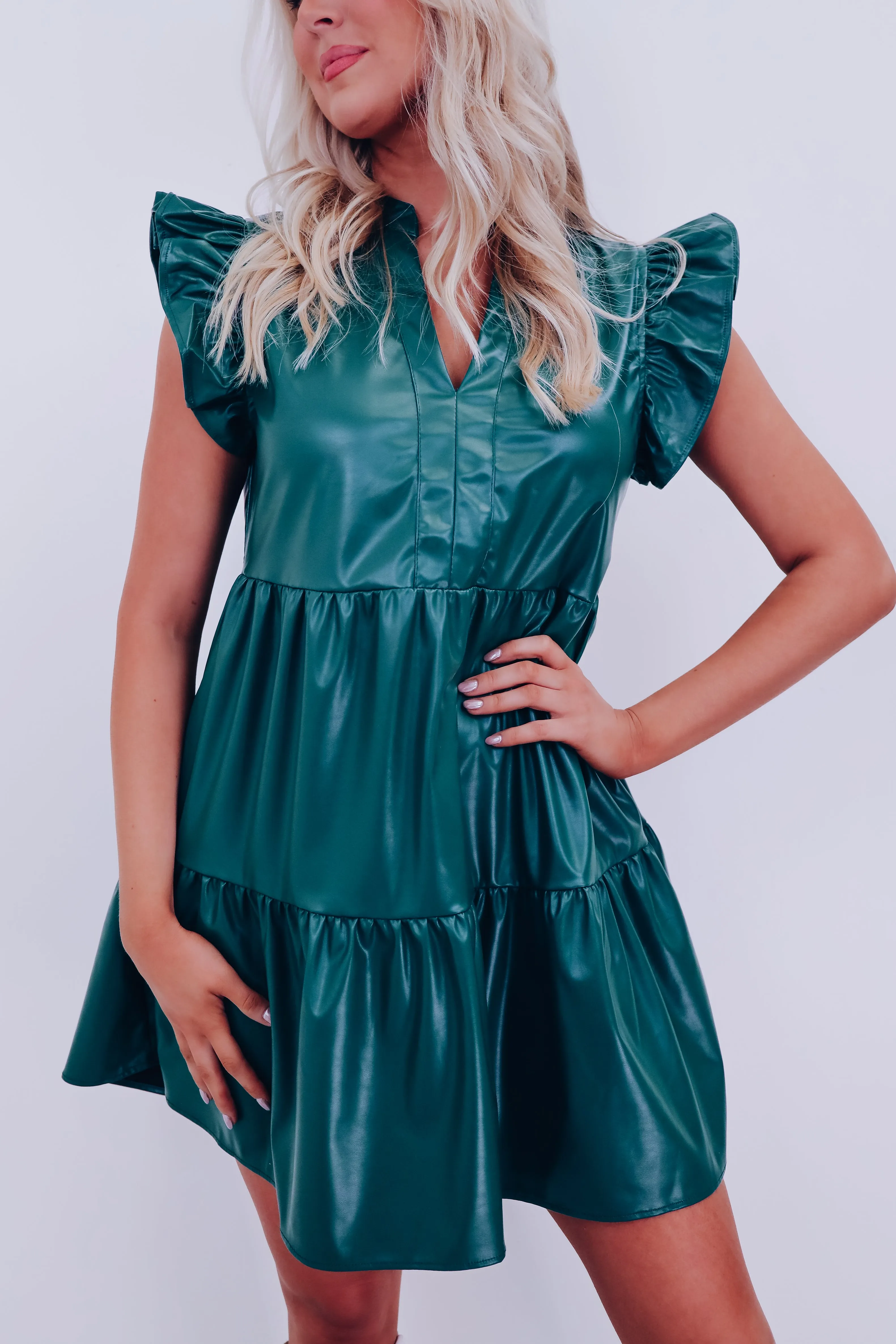 Frisco Faux Leather Babydoll Dress - Green