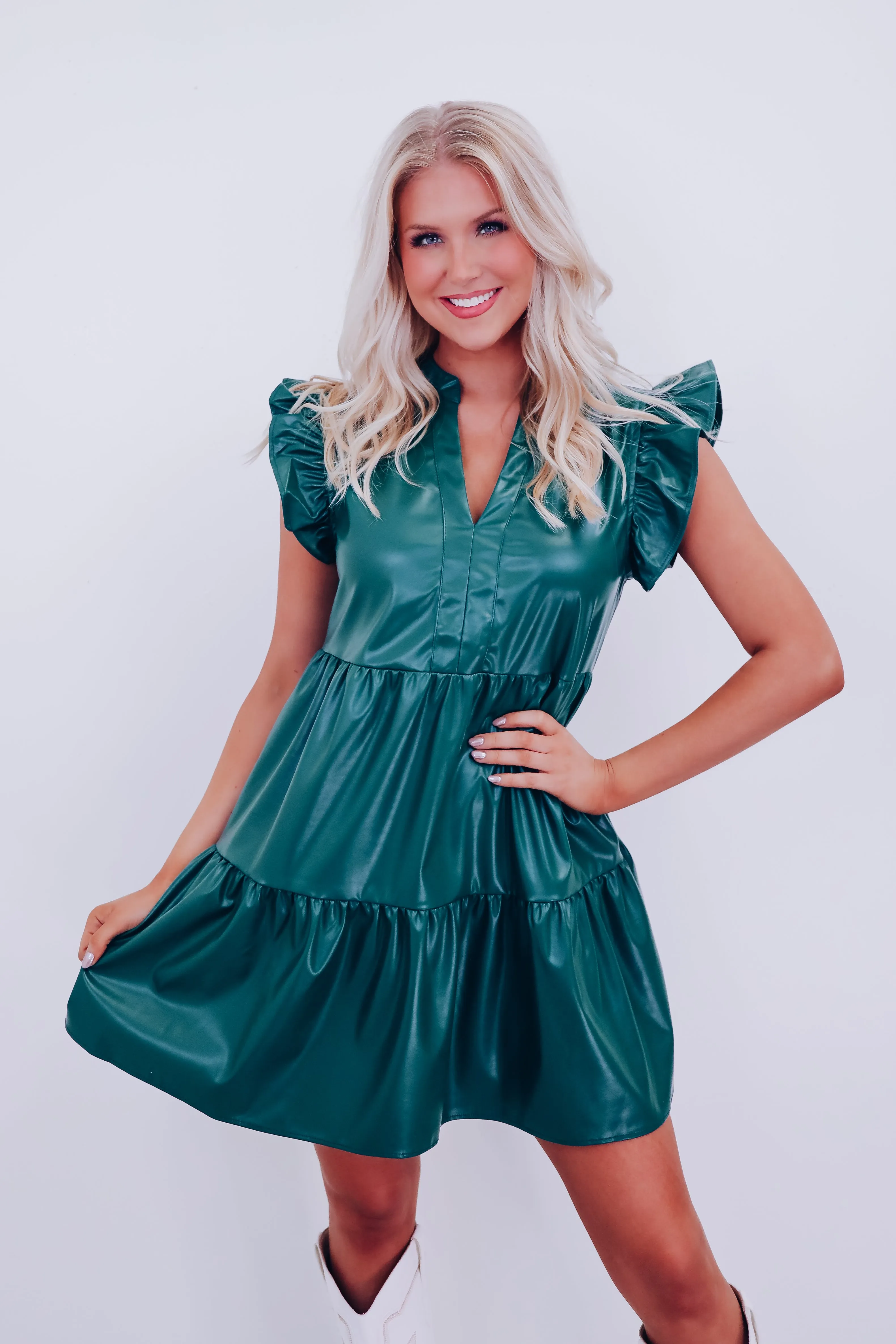 Frisco Faux Leather Babydoll Dress - Green