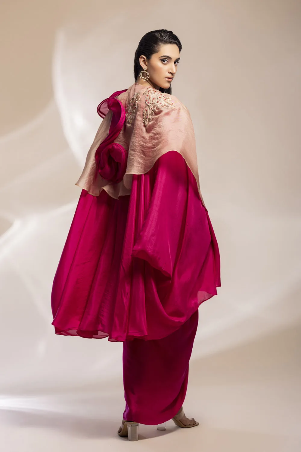 Fuchsia And Champaign Silk Cape With Embroidery, Paired With Satin Modal Dress.