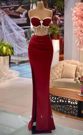 G2796 - Sexy & Sheath Sweetheart Beaded Illusion Burgundy Long Prom Evening Dress