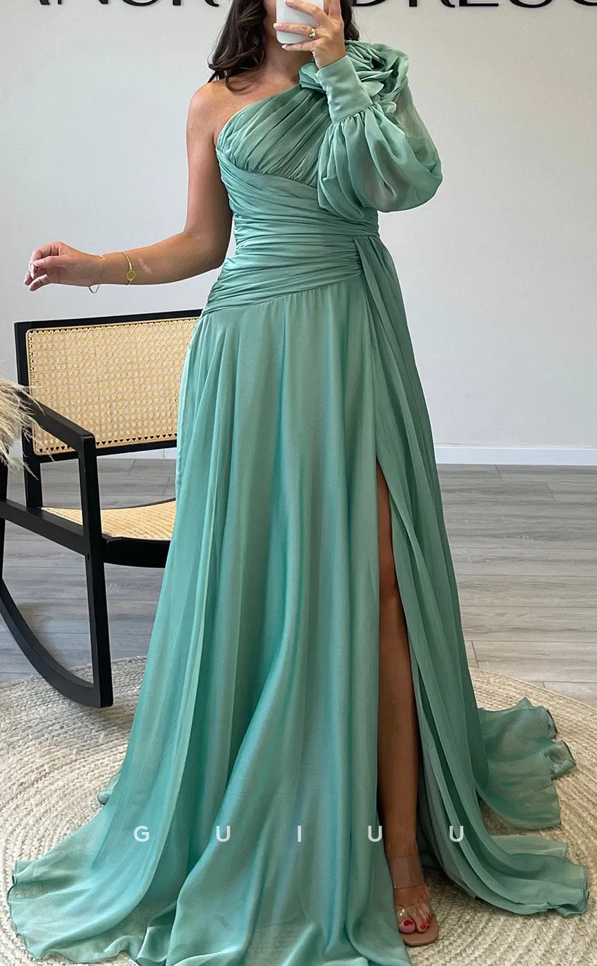 G3538 - Classic & Timeless A-Line One Shoulder Long Bishop Sleeves Draped Pleated Floral Embossed Long Ballgown Prom Dress