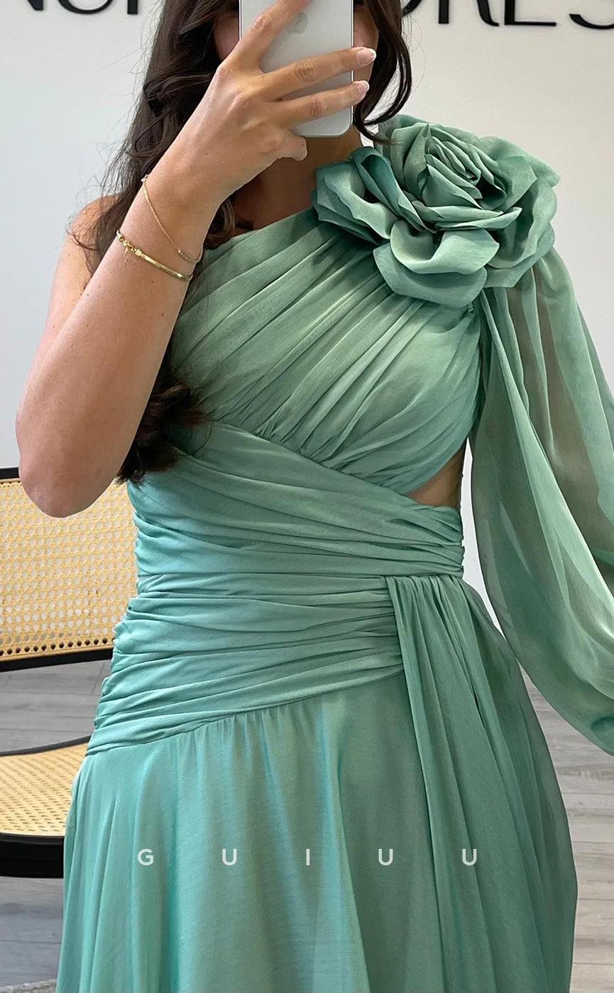 G3538 - Classic & Timeless A-Line One Shoulder Long Bishop Sleeves Draped Pleated Floral Embossed Long Ballgown Prom Dress