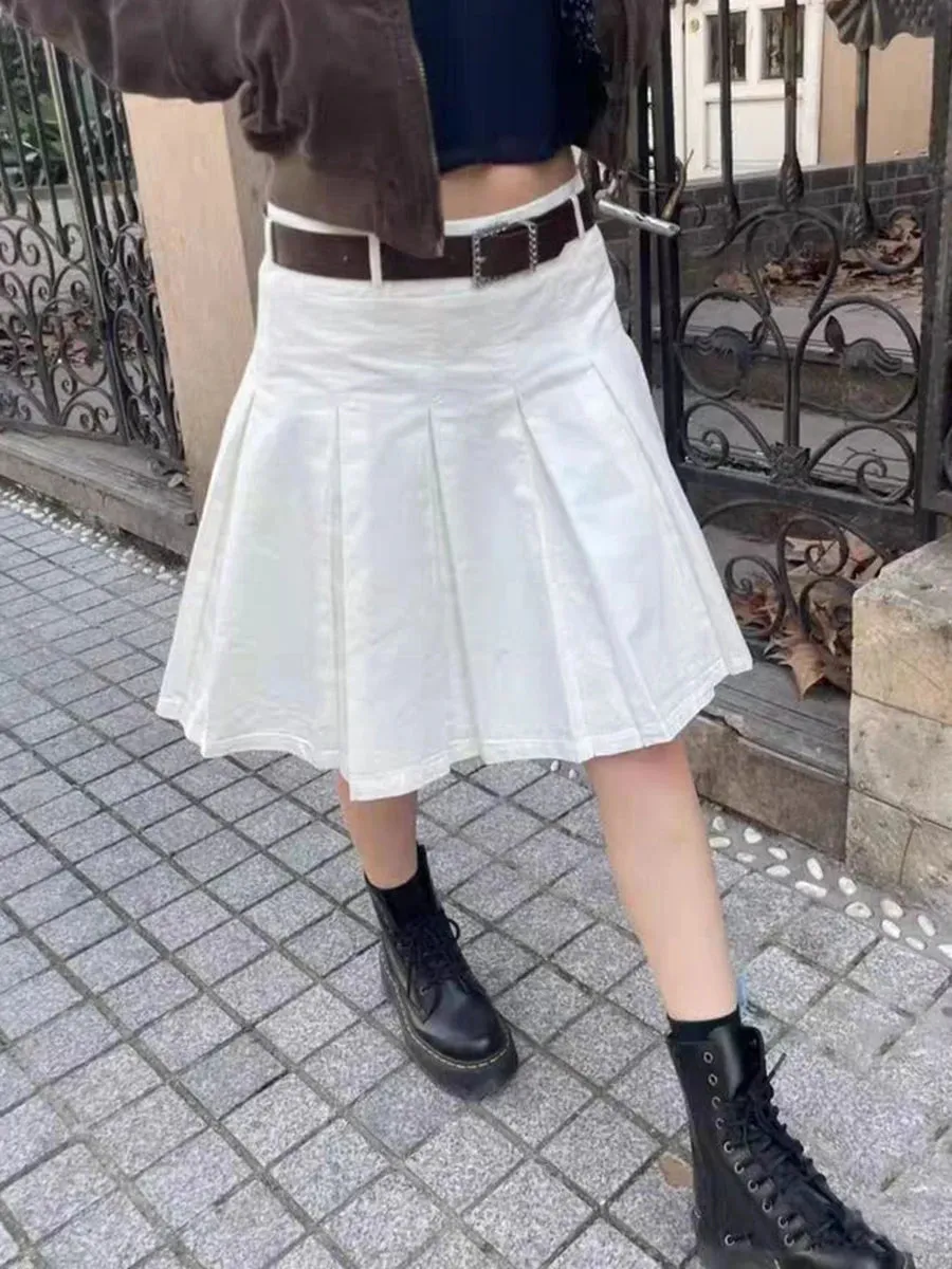 Girlary American Vintage Pleated Mini Skirt Women Summer High Waist A-line Streetwear Fashion Short Skirts Casual Preppy Style Faldas