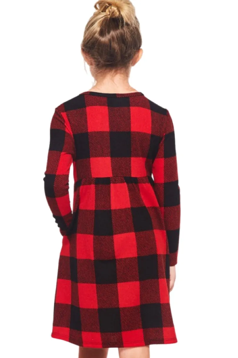 Girls 3/4 Sleeve Babydoll Plaid Dress Style 3423 in Red