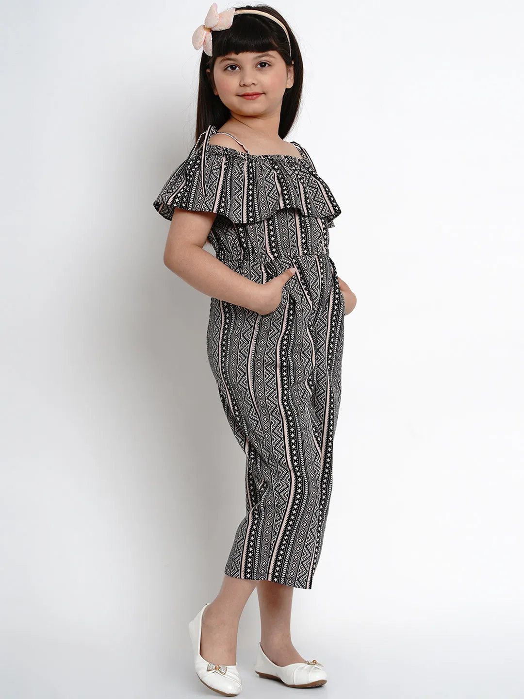 Girls Black & Off White Printed Off-Shoulder Jumpsuit