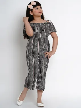 Girls Black & Off White Printed Off-Shoulder Jumpsuit