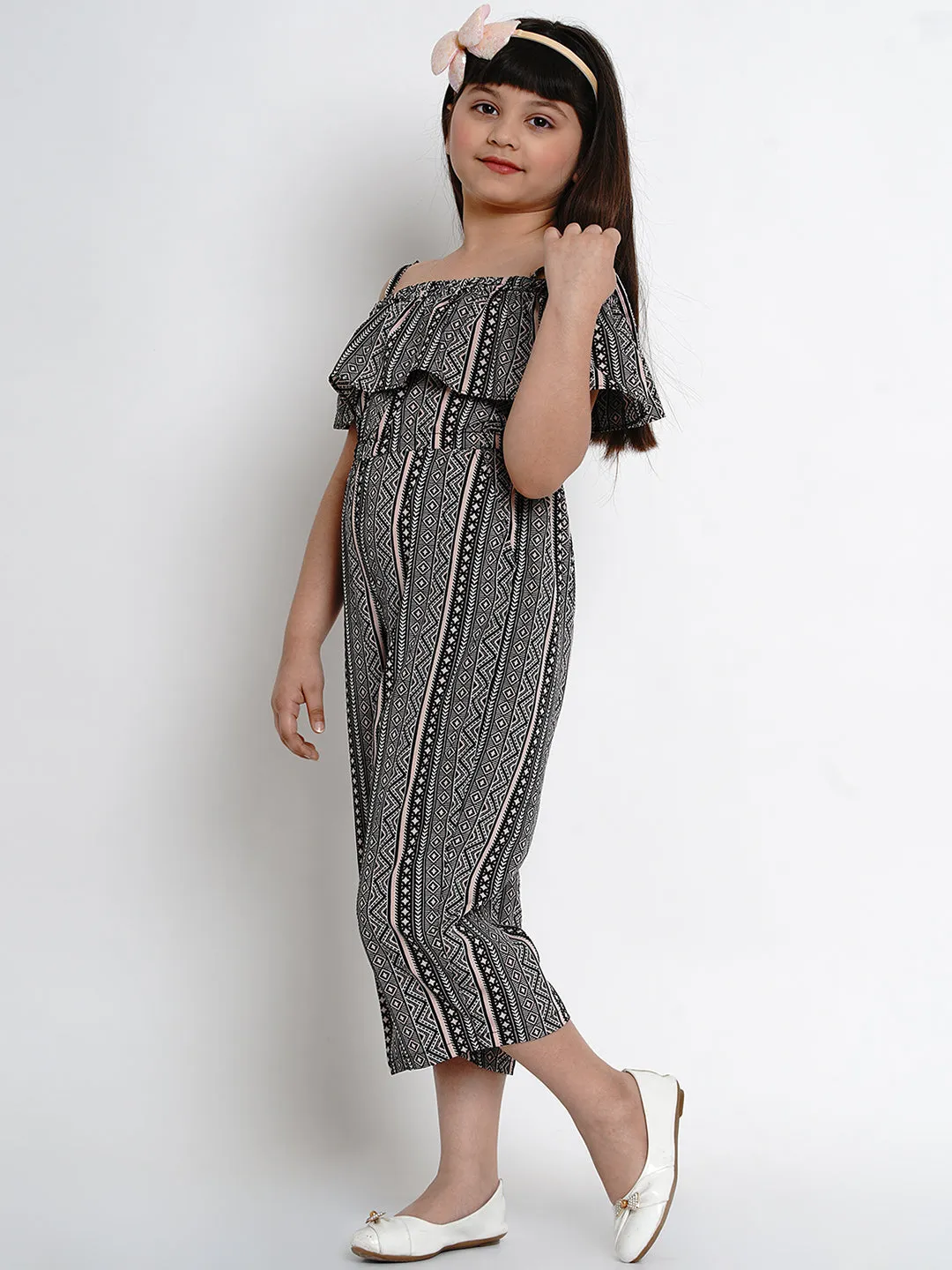 Girls Black & Off White Printed Off-Shoulder Jumpsuit