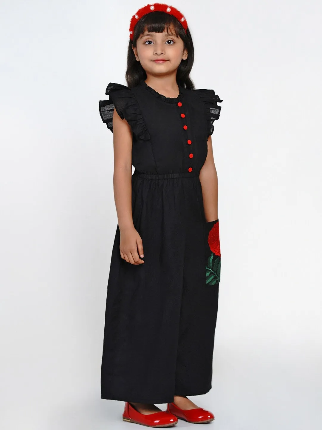 Girls Black & Red Solid Basic Jumpsuit