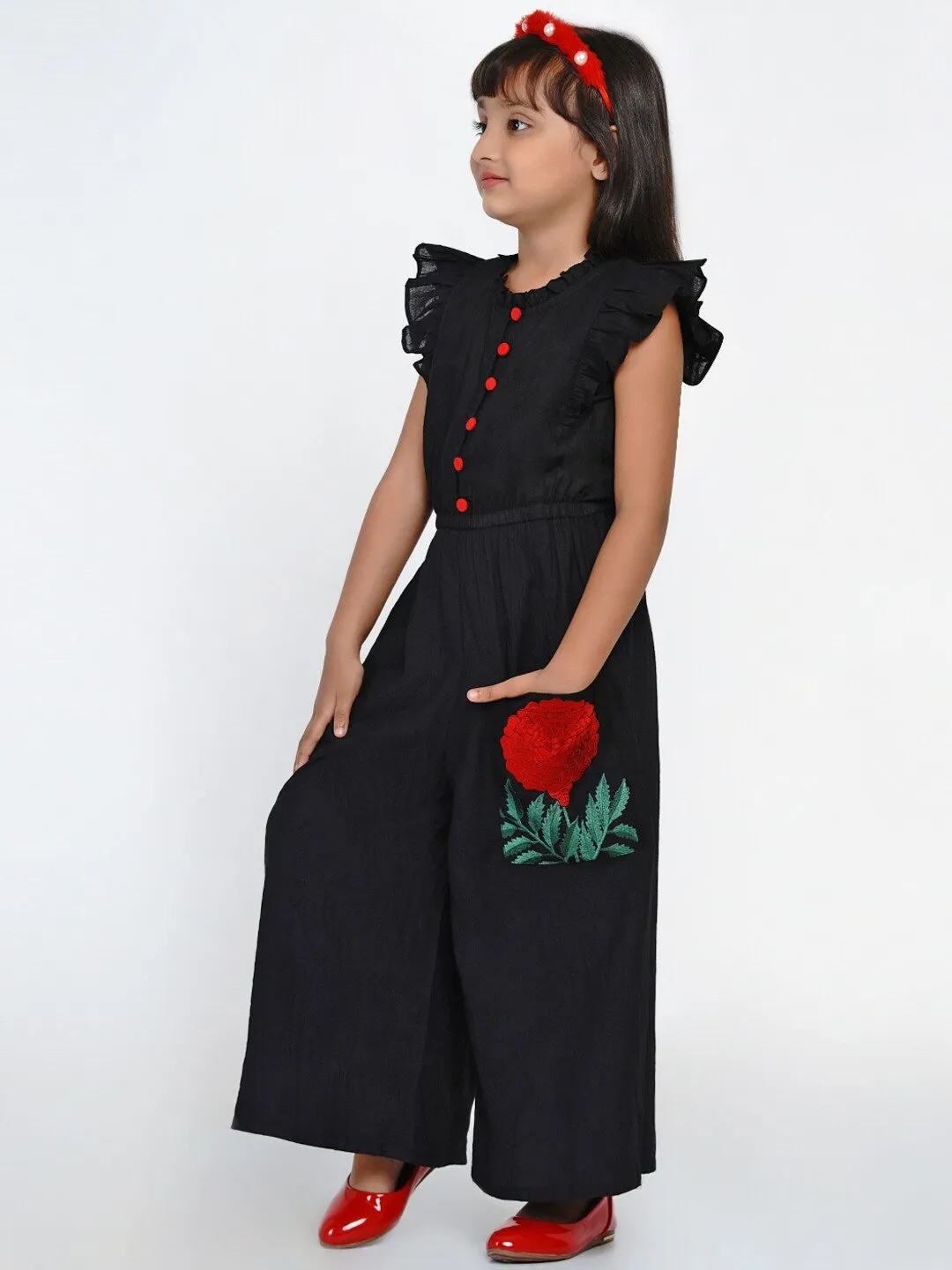 Girls Black & Red Solid Basic Jumpsuit